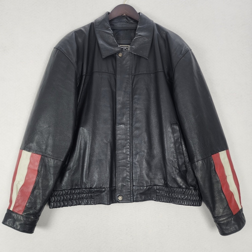 Vintage Diamond Plate Buffalo Leather Biker Jacket Mens 2X Plus Black Full Zip